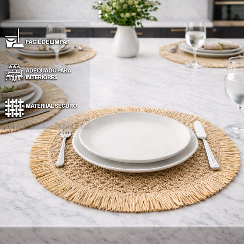 Kit 4 Jogos Americanos Redondos 38cm em Fibra Natural com Franjas Premium para Mesa Posta – Allurie Home