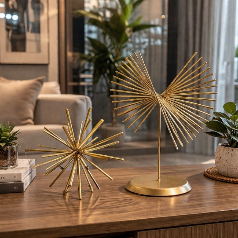 Kit Decoração Luxo Ouriço + Escultura Ferro Dourado – Sala Moderna Elegante
