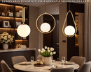 Luminária Pendente Nórdica em Vidro com Anel Dourado e Estrutura Preta Luz Quente para Sala/Jantar